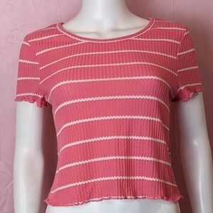 Self Esteem Pink and White Striped Waffle Knit Lettuce Hem Short Sleeve Tee M